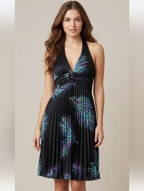 Women's Black Pleated Halter Summer Embellished A-line Mini Dress Medium